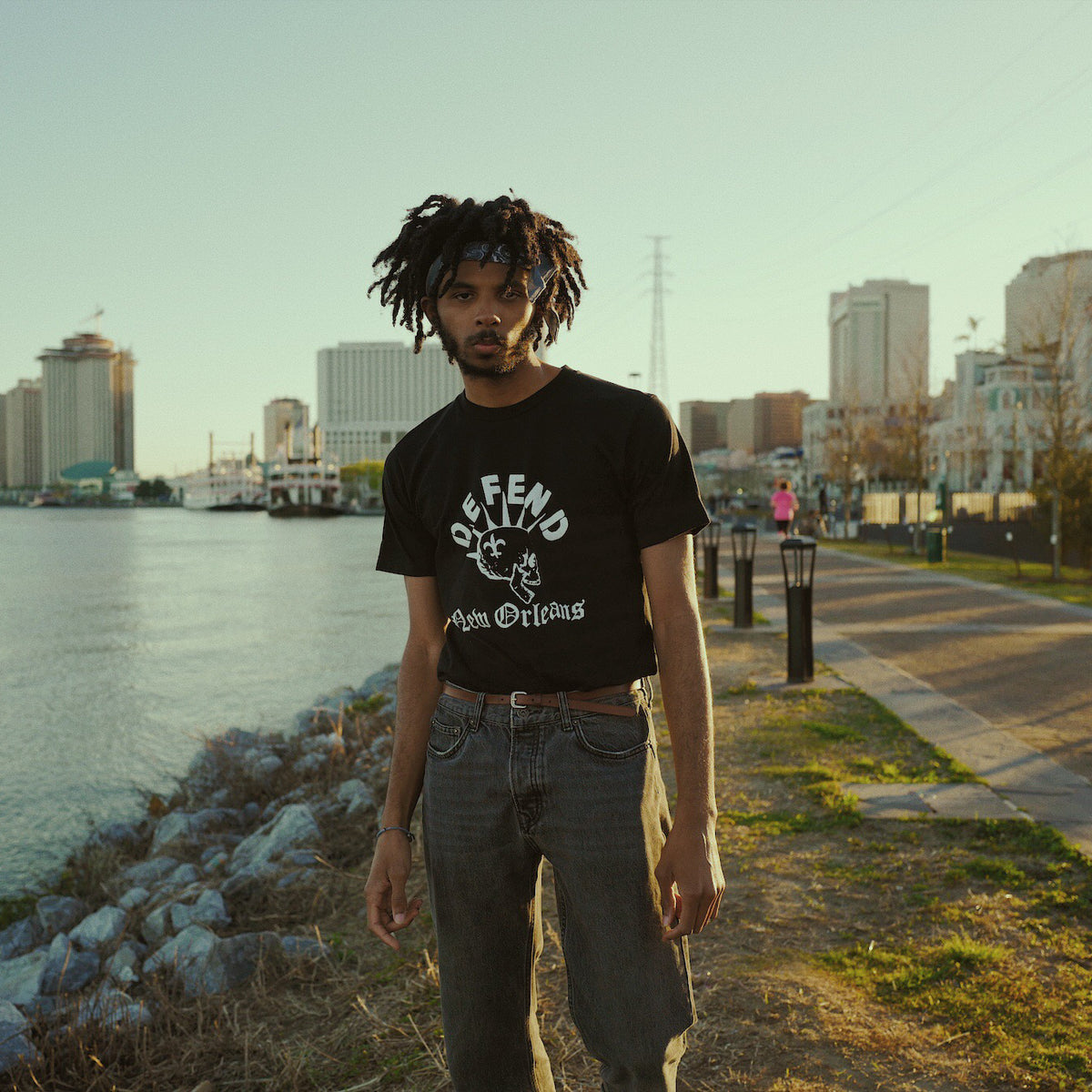 Defend New Orleans T-shirt, White on Black